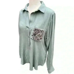 Rock & Republic pale green roll cuff embroidered pocket shirt top button down M
